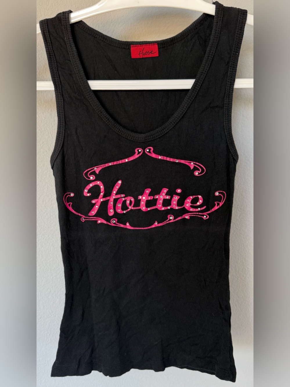 Vintage Hottie Ribbed Tank | Black Hot Pink Jewel Logo | XS/S | Y2K